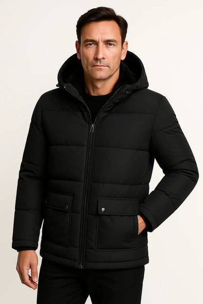 Men's Winter Jacket Black Lambswool Oversized Hooded Thick Padded Jacket