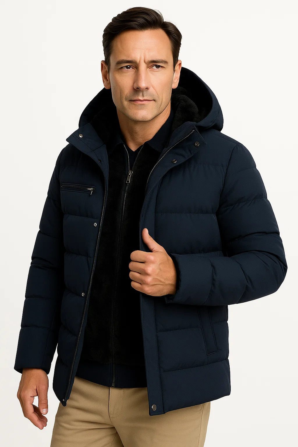 Men's Winter Jacket Black Lambswool Oversized Hooded Thick Padded Jacket