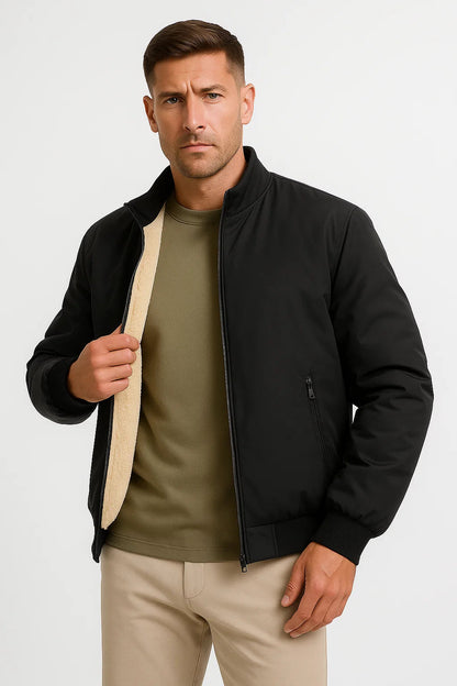 Men's Casual Fleece Jacket Polyester Zip-Up Stand Collar Bomber