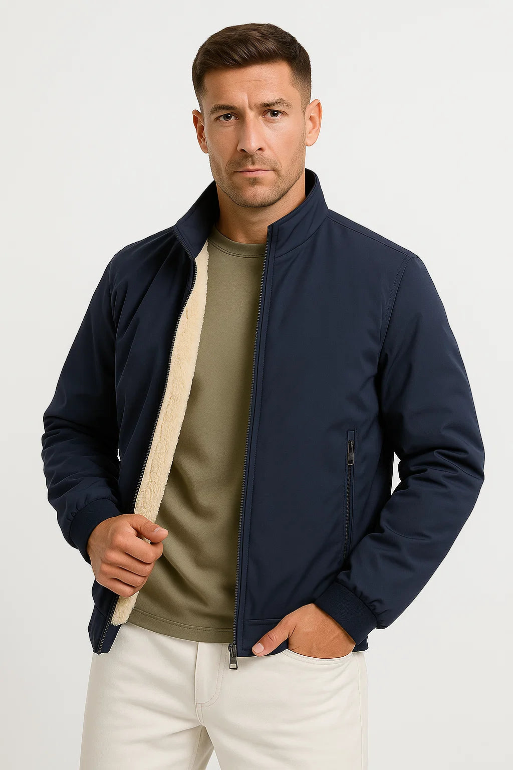 Men's Casual Fleece Jacket Polyester Zip-Up Stand Collar Bomber