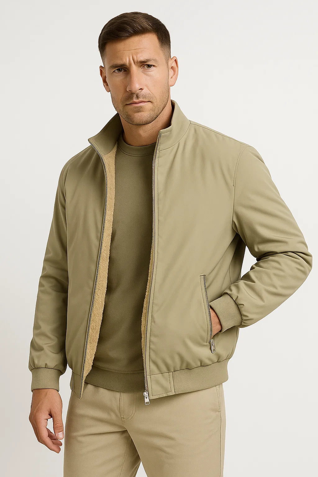 Men's Casual Fleece Jacket Polyester Zip-Up Stand Collar Bomber