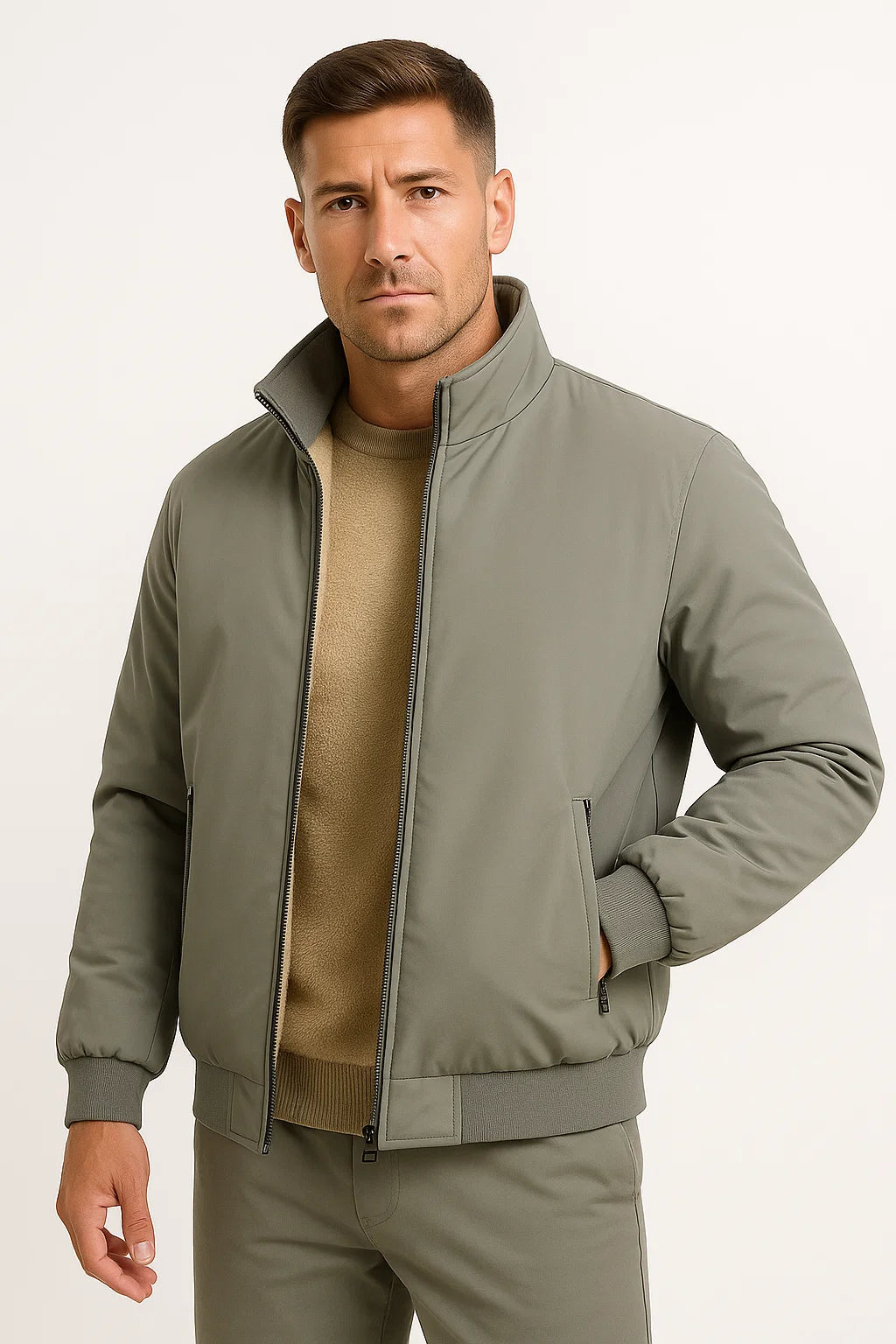 Men's Casual Fleece Jacket Polyester Zip-Up Stand Collar Bomber