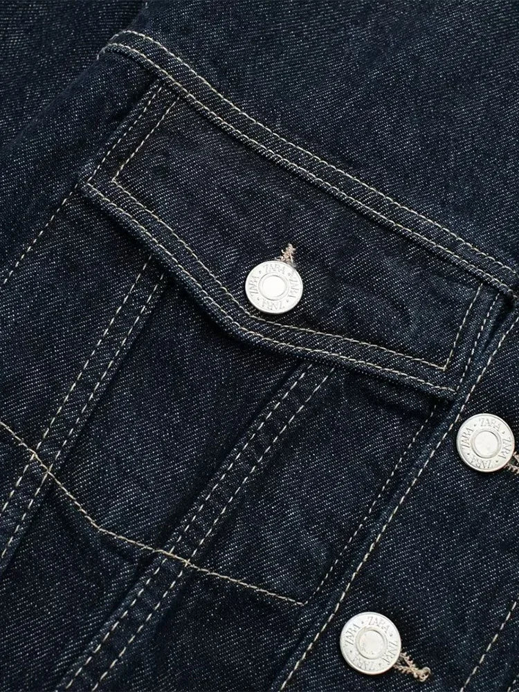 Women's Denim Jacket Blue Loose Fit Vintage With Pockets Long Sleeves Classic Collar