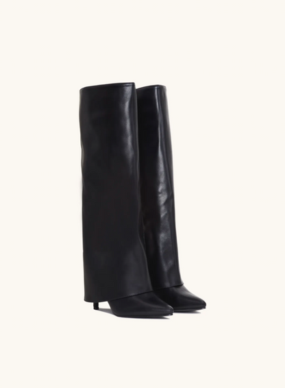 Women's Black Knee High Boots Vegan Leather 9 cm Heel with Side Zipper Elegant Design