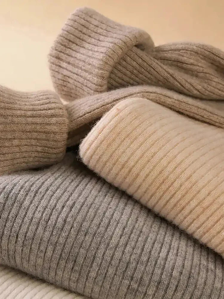 Women's Turtleneck Sweater Beige Cashmere Soft Knit Pullover