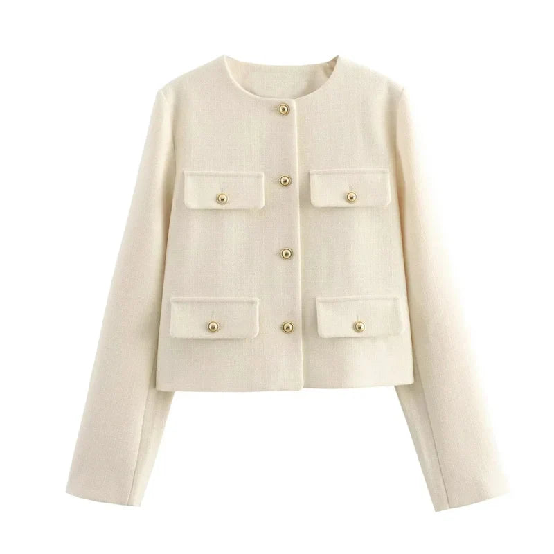 Women's Cropped Jacket Tweed Long Sleeve Elegant Coat