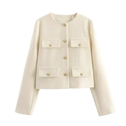 Women's Cropped Jacket Tweed Long Sleeve Elegant Coat