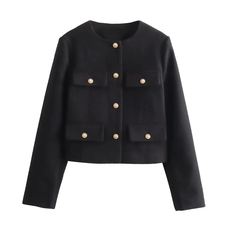 Women's Cropped Jacket Tweed Long Sleeve Elegant Coat