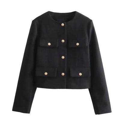 Women's Cropped Jacket Tweed Long Sleeve Elegant Coat