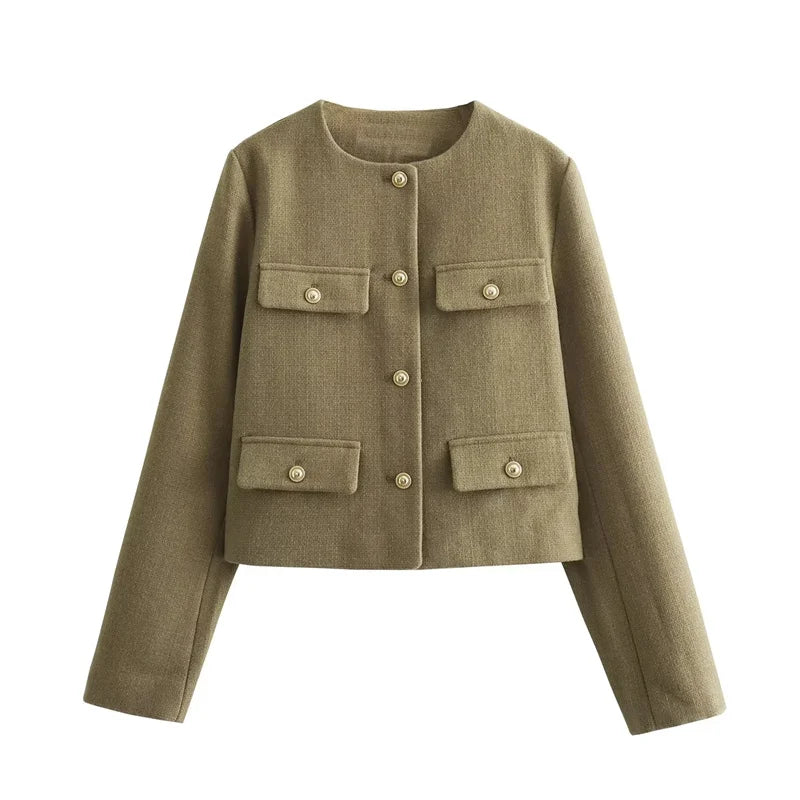 Women's Cropped Jacket Tweed Long Sleeve Elegant Coat