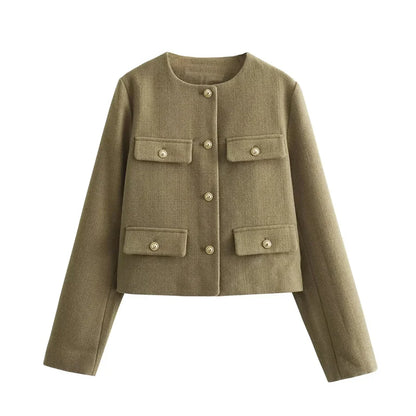 Women's Cropped Jacket Tweed Long Sleeve Elegant Coat
