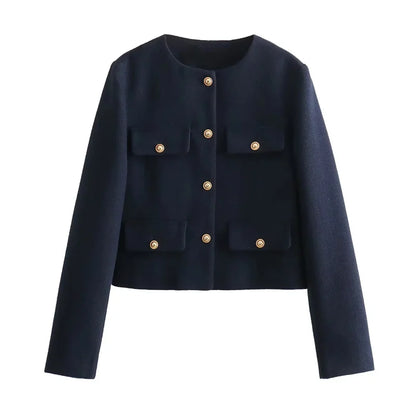 Women's Cropped Jacket Tweed Long Sleeve Elegant Coat