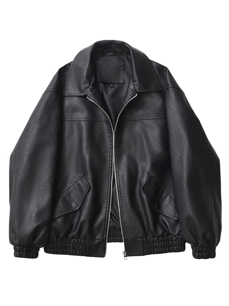 Women's Faux Leather Jacket Retro Loose Fit Short Zip Coat