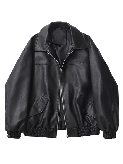 Women's Faux Leather Jacket Retro Loose Fit Short Zip Coat
