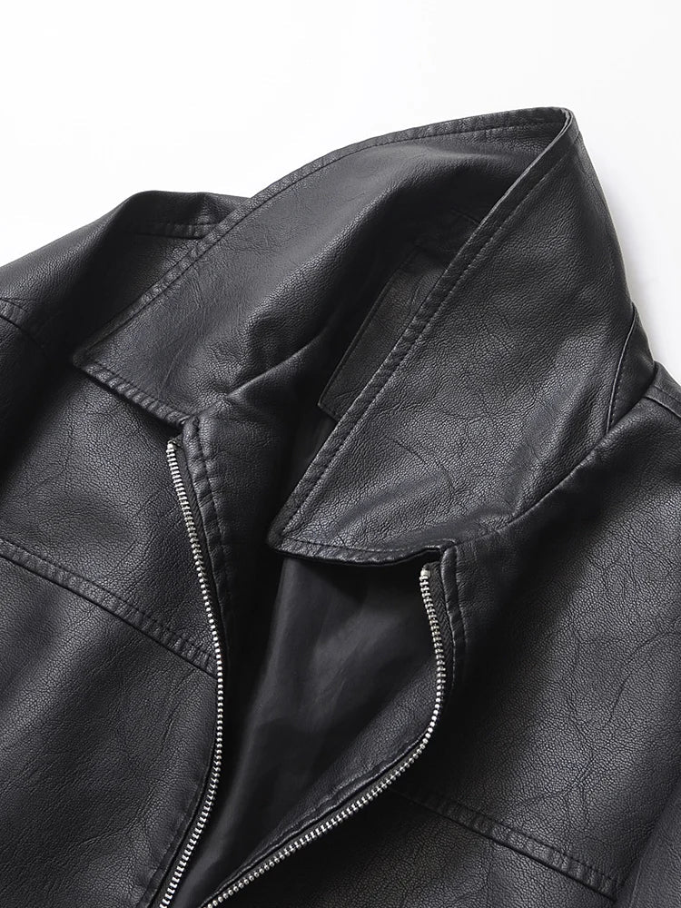 Women's Faux Leather Jacket Retro Loose Fit Short Zip Coat