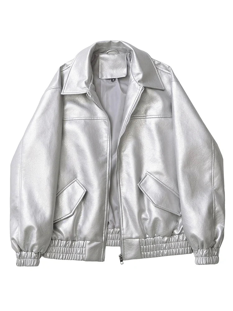 Women's Faux Leather Jacket Retro Loose Fit Short Zip Coat