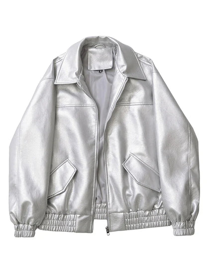 Women's Faux Leather Jacket Retro Loose Fit Short Zip Coat
