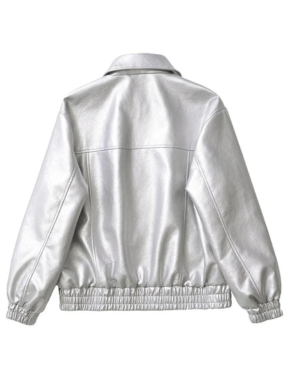 Women's Faux Leather Jacket Retro Loose Fit Short Zip Coat