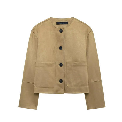 Women's Suede Bomber Jacket Long Sleeve Winter Coat