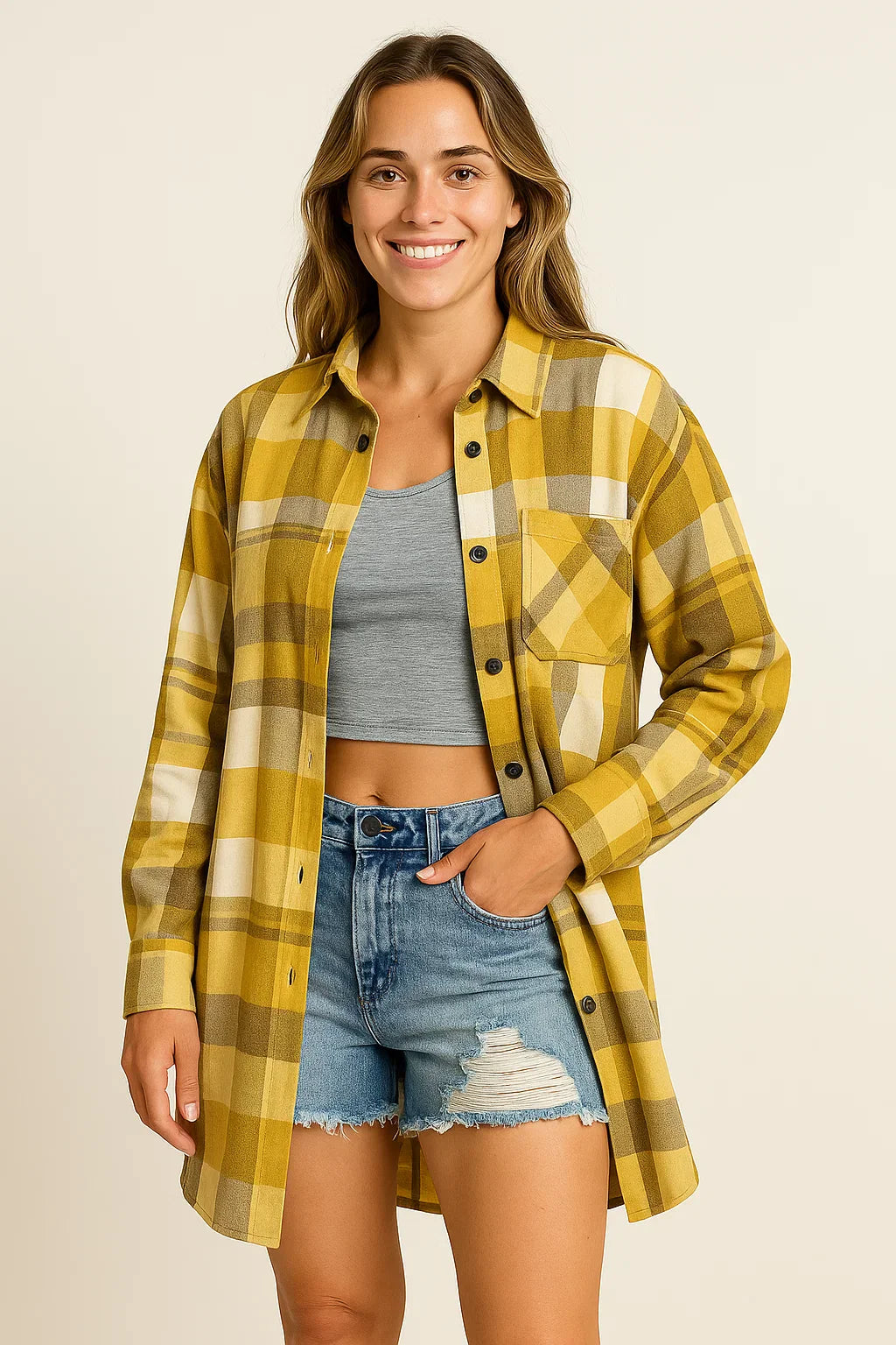Women's Blouse Green Polyester Plaid Long Sleeve Casual Loose Fit
