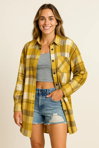 Women's Blouse Green Polyester Plaid Long Sleeve Casual Loose Fit