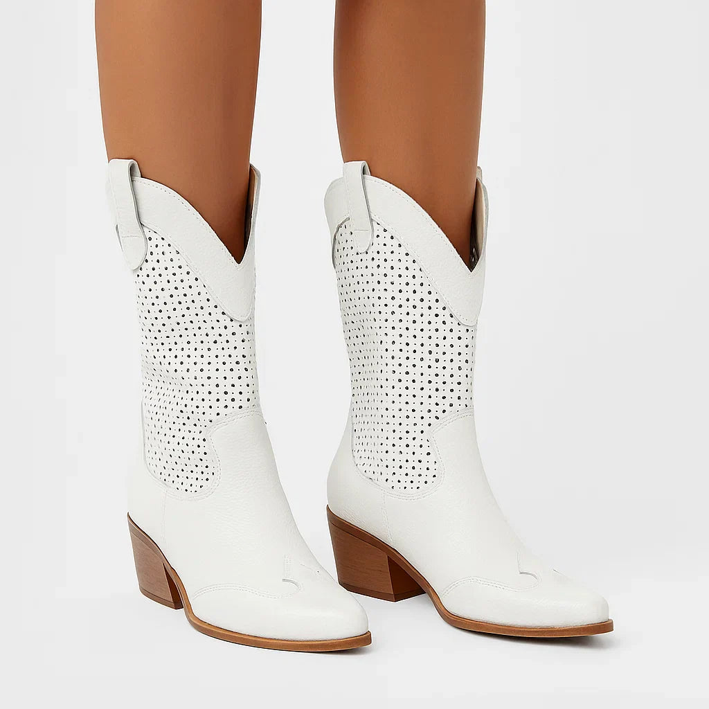 Women's Cowboy Boots White Leather Breathable With Zipper Casual Style