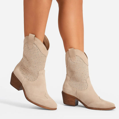 Women's Cowboy Boots White Leather Breathable With Zipper Casual Style