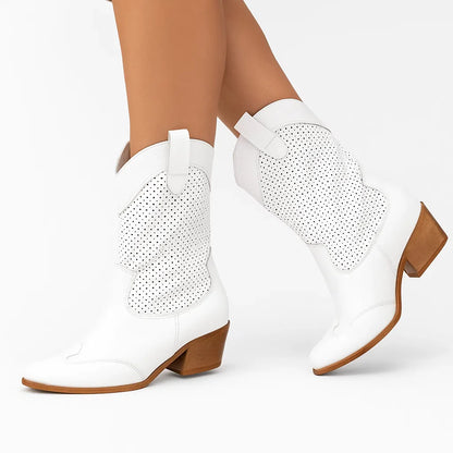 Women's Cowboy Boots White Leather Breathable With Zipper Casual Style