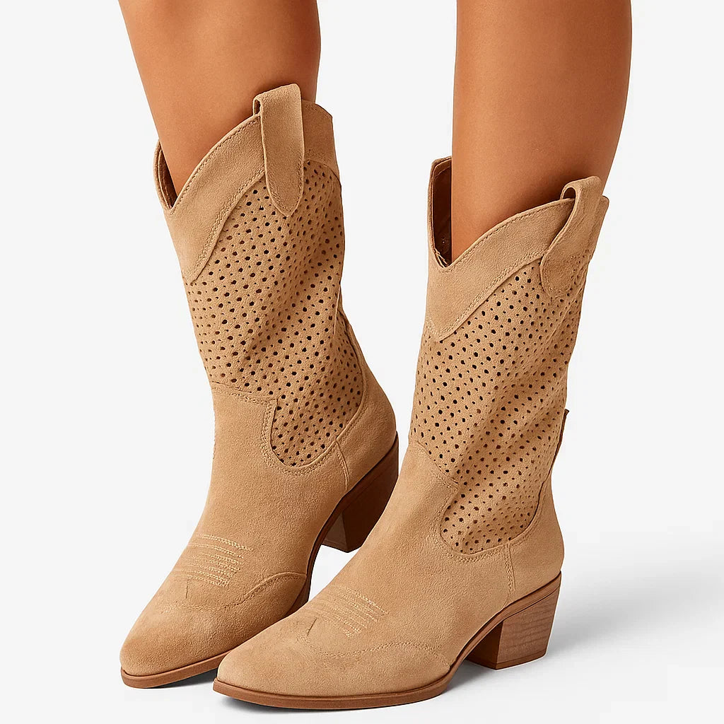 Women's Cowboy Boots White Leather Breathable With Zipper Casual Style