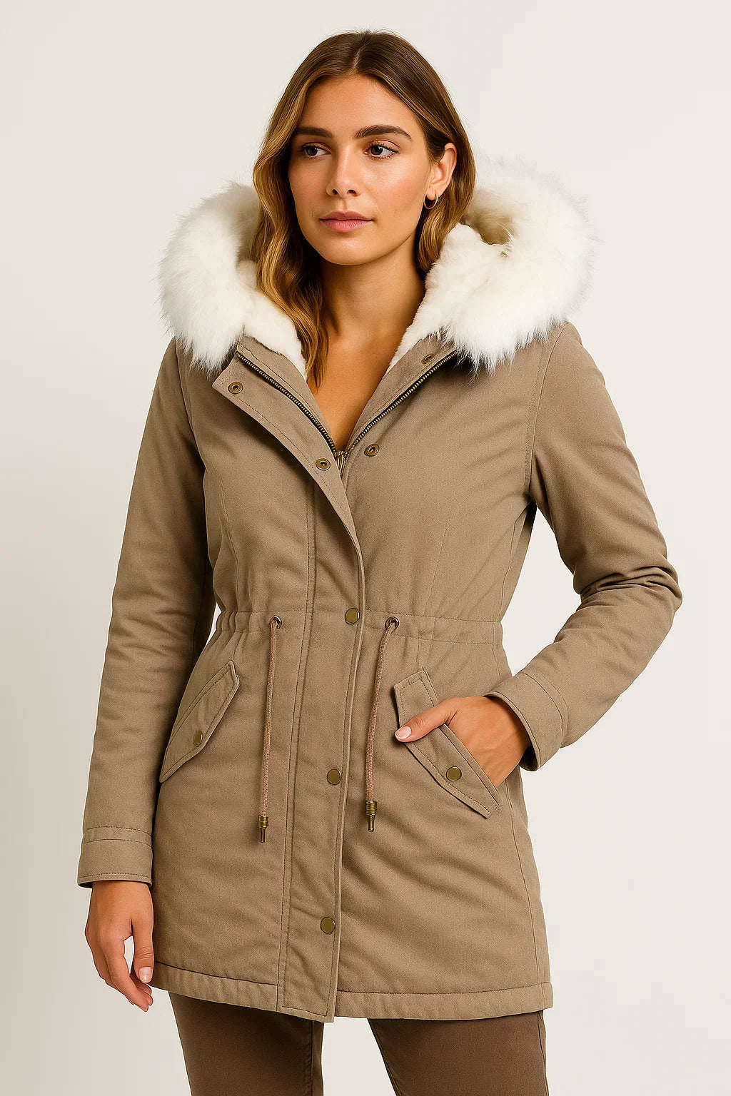 Women's Winter Jacket Grey Polyester Long Hooded Button Detail Fleece-Lined Comfortable and Stylish