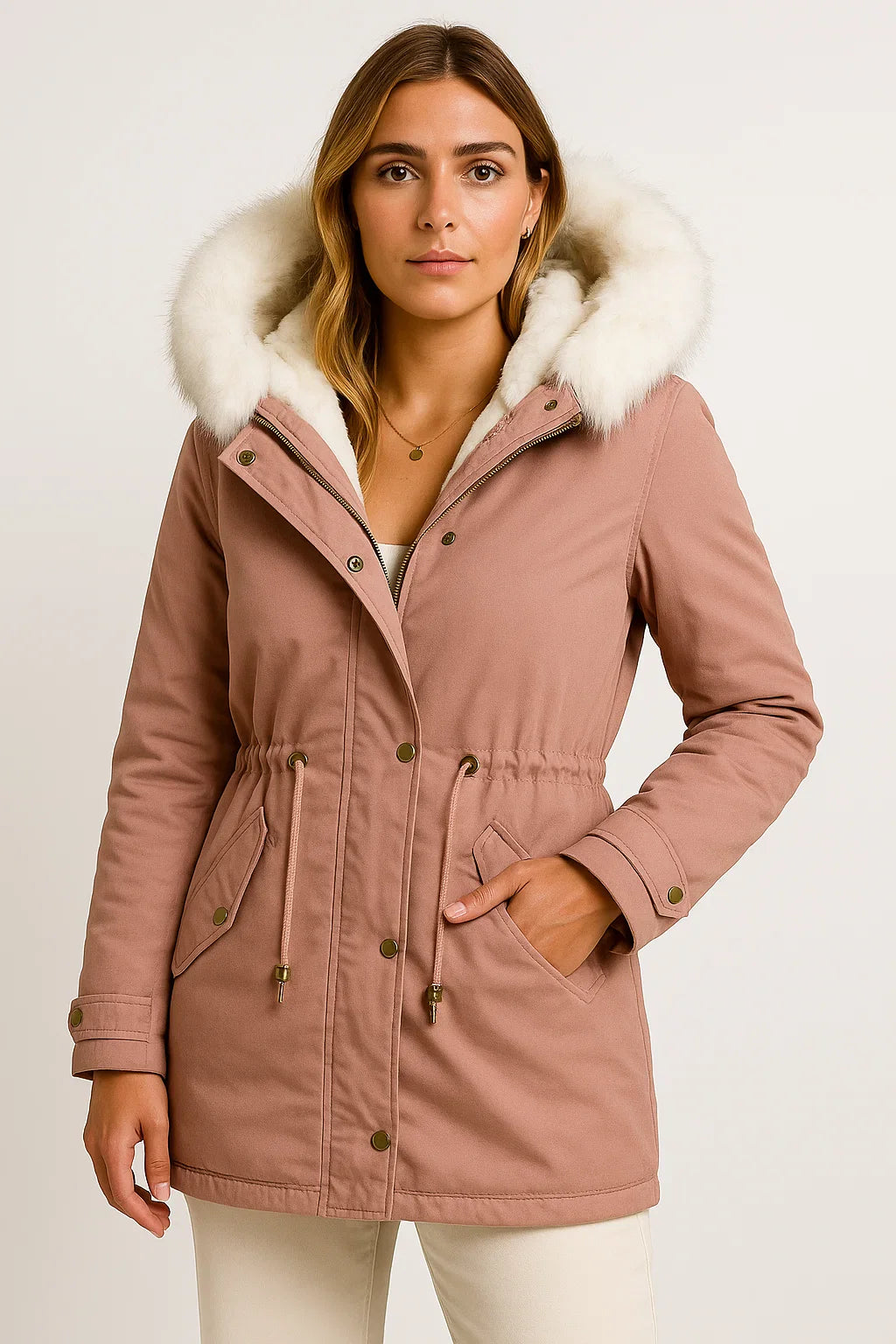 Women's Winter Jacket Grey Polyester Long Hooded Button Detail Fleece-Lined Comfortable and Stylish