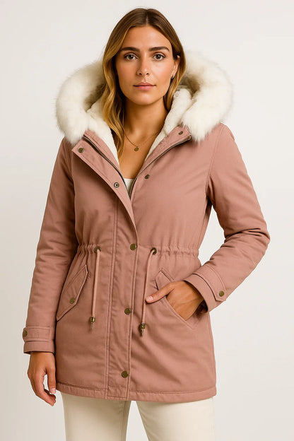 Women's Winter Jacket Grey Polyester Long Hooded Button Detail Fleece-Lined Comfortable and Stylish