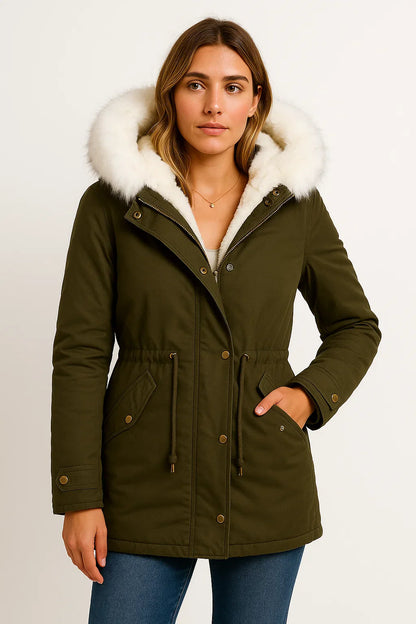Women's Winter Jacket Grey Polyester Long Hooded Button Detail Fleece-Lined Comfortable and Stylish