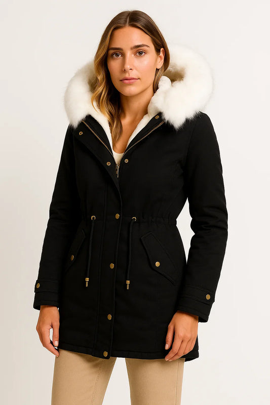 Women's Winter Jacket Grey Polyester Long Hooded Button Detail Fleece-Lined Comfortable and Stylish