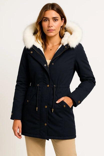Women's Winter Jacket Grey Polyester Long Hooded Button Detail Fleece-Lined Comfortable and Stylish