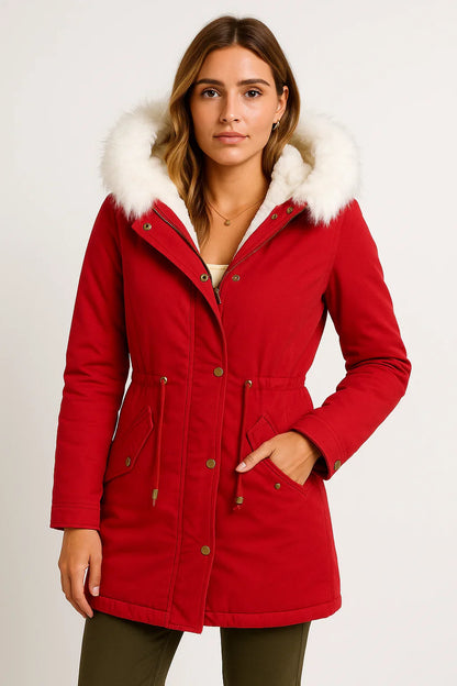 Women's Winter Jacket Grey Polyester Long Hooded Button Detail Fleece-Lined Comfortable and Stylish
