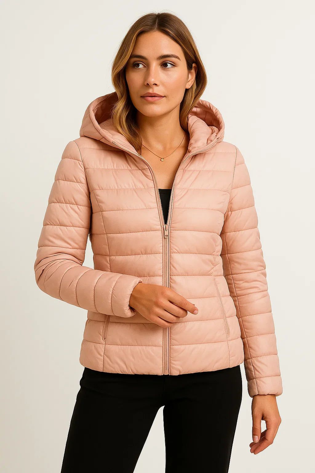 Women's Down Jacket Black Lightweight Winter Jacket With Hood Packable Casual Design