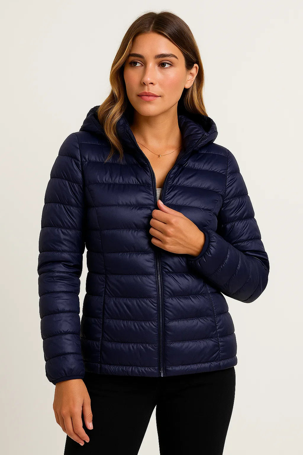 Women's Down Jacket Black Lightweight Winter Jacket With Hood Packable Casual Design