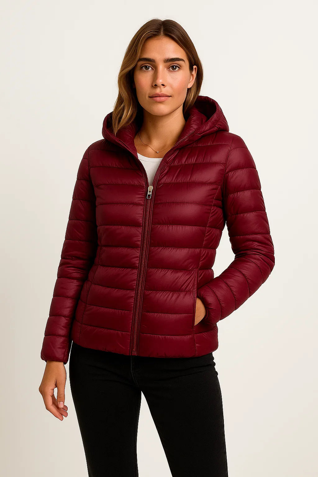 Women's Down Jacket Black Lightweight Winter Jacket With Hood Packable Casual Design