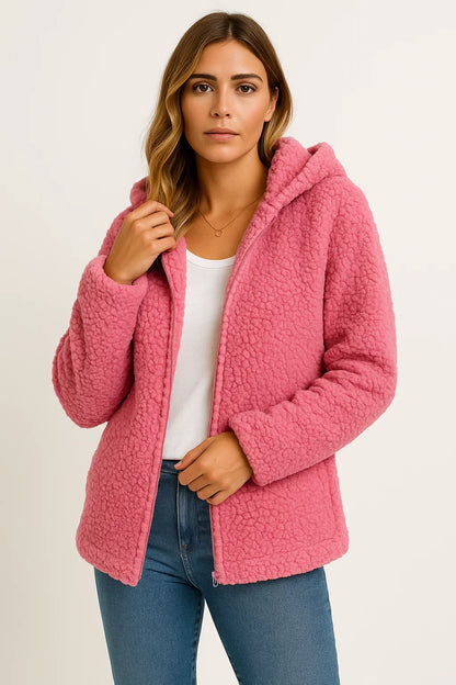 Women's Coat Beige Teddy Fleece With Pockets Zipper Elegant Winter Jacket