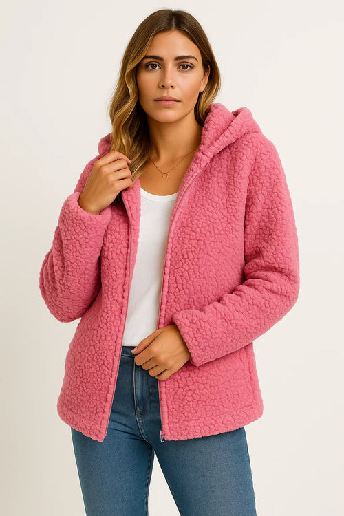 Women's Coat Beige Teddy Fleece With Pockets Zipper Elegant Winter Jacket