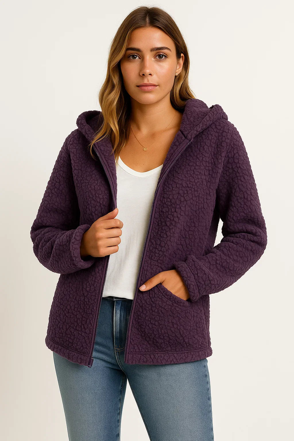 Women's Coat Beige Teddy Fleece With Pockets Zipper Elegant Winter Jacket
