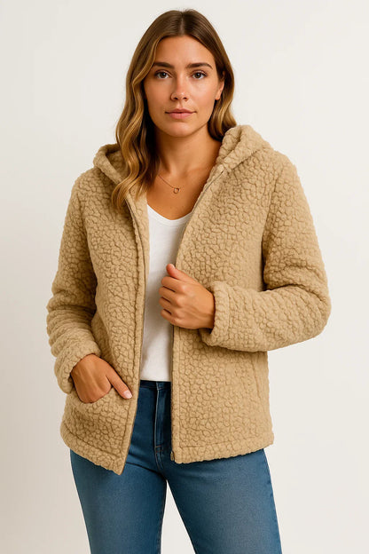 Women's Coat Beige Teddy Fleece With Pockets Zipper Elegant Winter Jacket