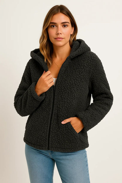 Women's Coat Beige Teddy Fleece With Pockets Zipper Elegant Winter Jacket