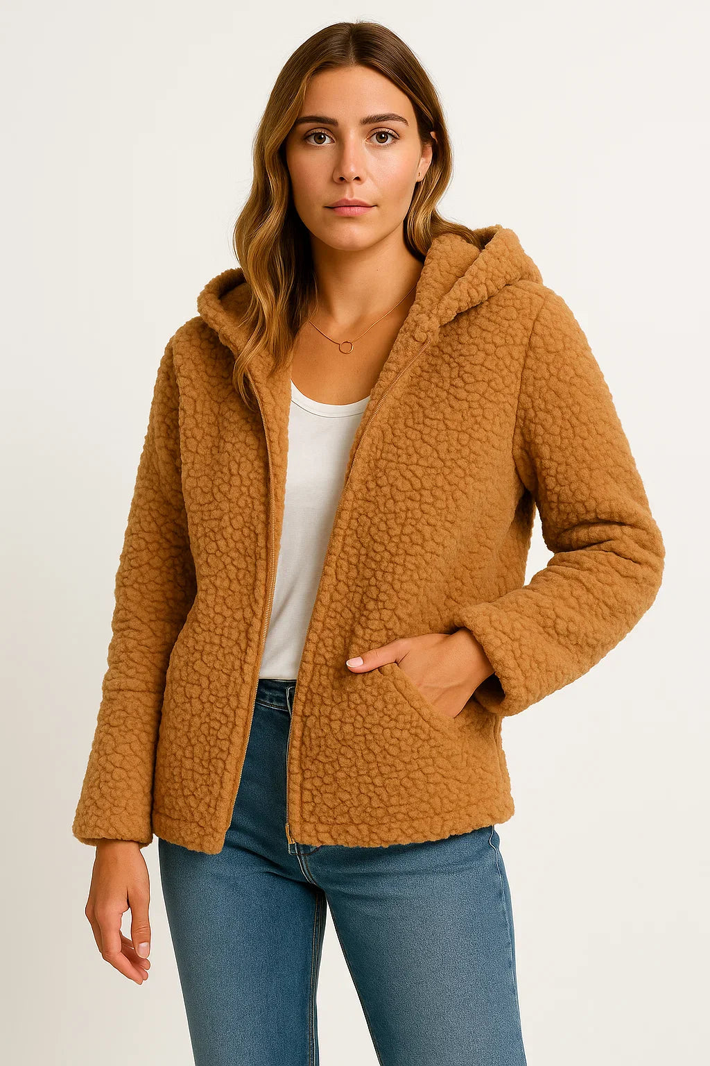 Women's Coat Beige Teddy Fleece With Pockets Zipper Elegant Winter Jacket