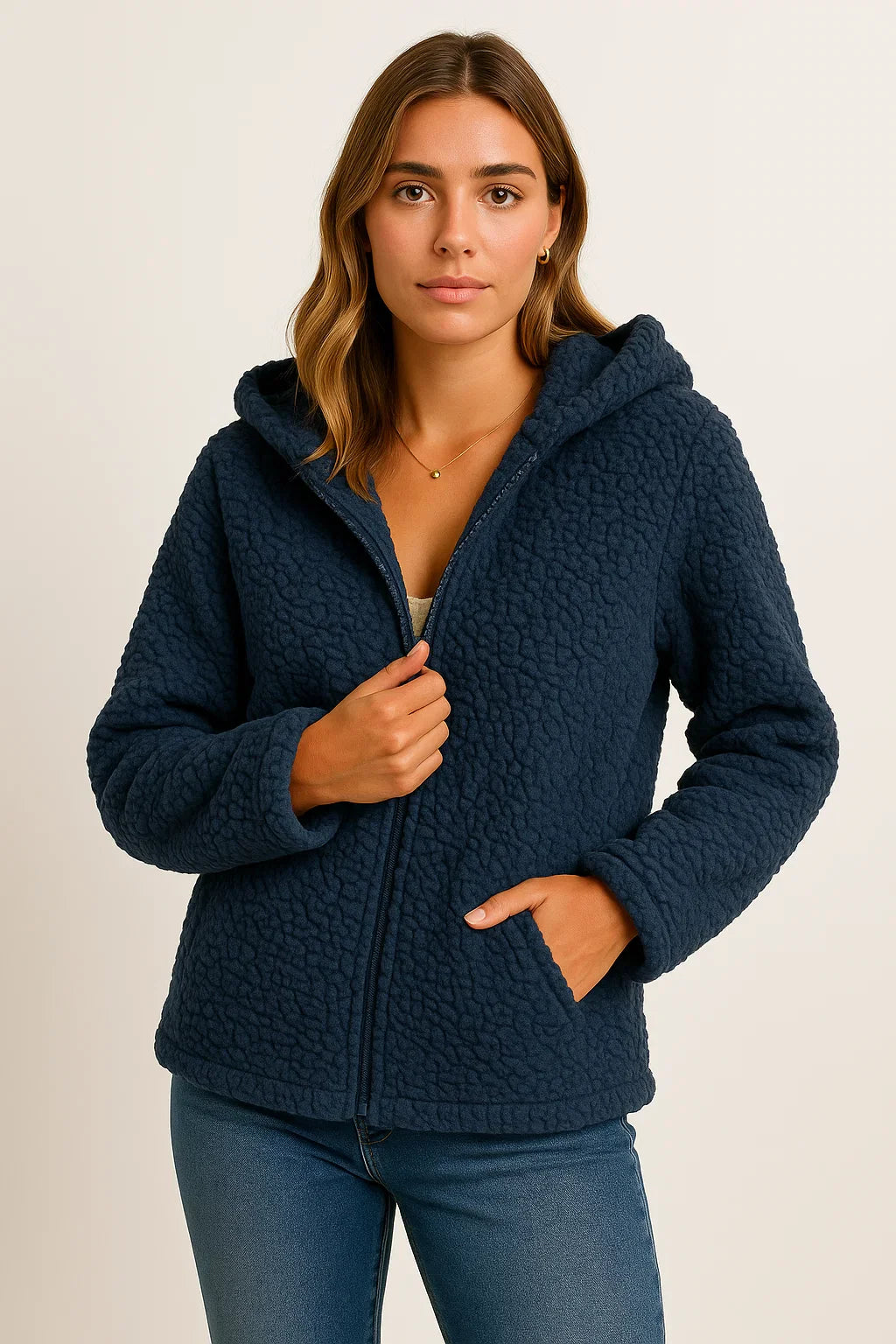Women's Coat Beige Teddy Fleece With Pockets Zipper Elegant Winter Jacket