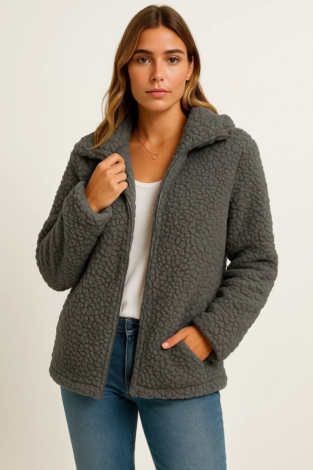 Women's Coat Beige Teddy Fleece With Pockets Zipper Elegant Winter Jacket