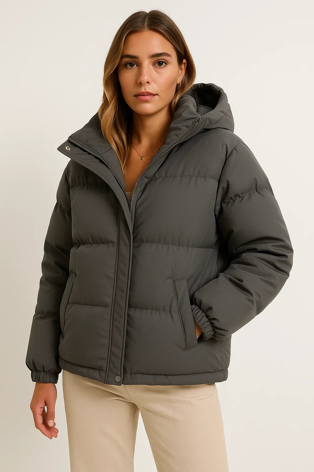 Women's Hooded Jacket Grey Polyester Warming Classic Design Water Repellent Comfortable Stylish