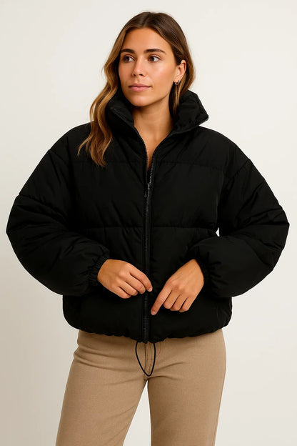 Women's Puffer Jacket Black Polyester Modern Design Warm for Cold Days Casual Fit