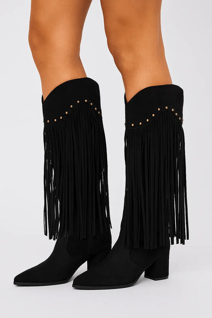 Women's Suede Boots Gray Fringe Block Heel Pointed Toe Elegant Silhouette